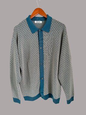 Monkey Time XL Button-Up Knit Cardigan Sweater With Teal Collar & Geometric Patt